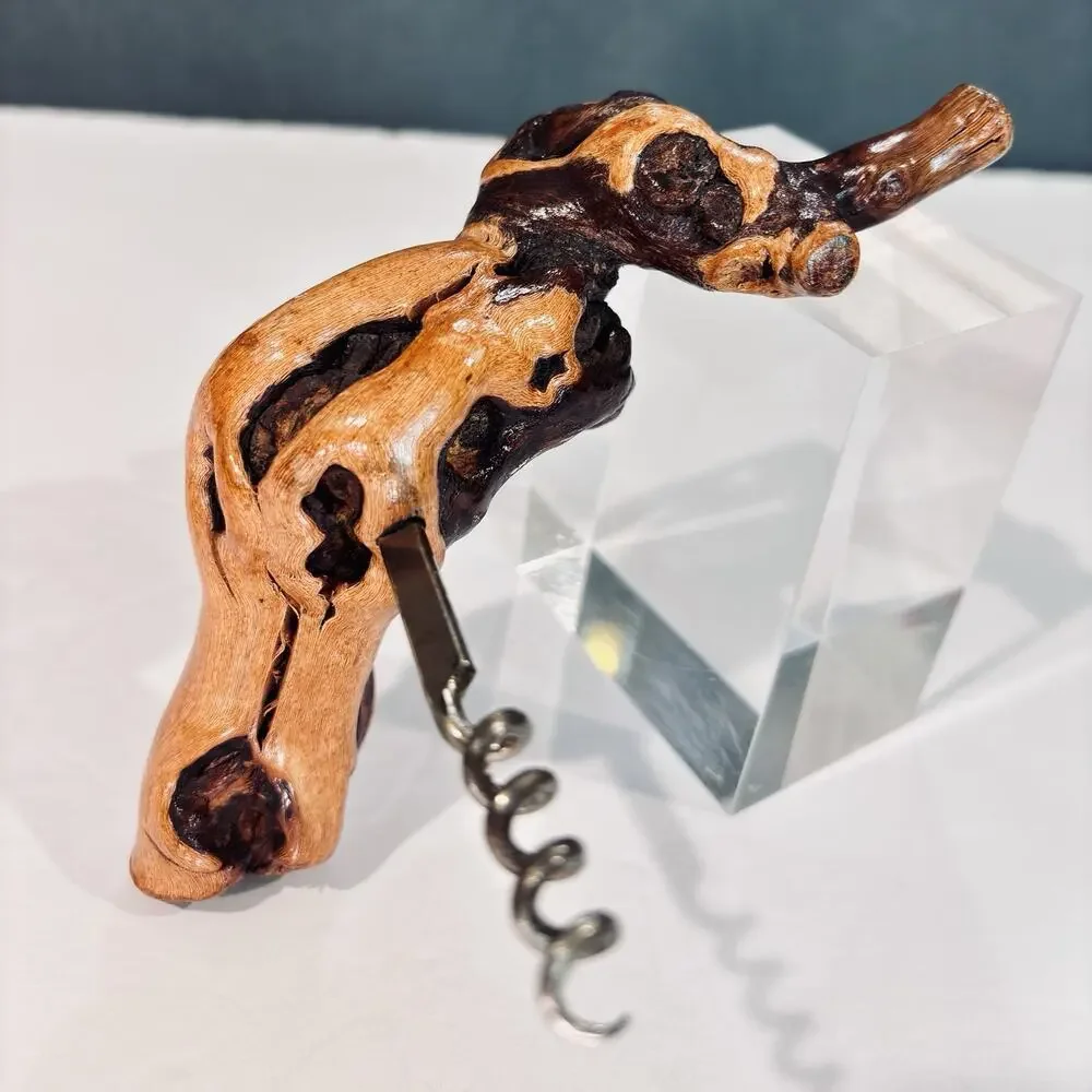 Vintage Handcrafted Grapevine Burl Wood Stationary Corkscrew Wine Opener